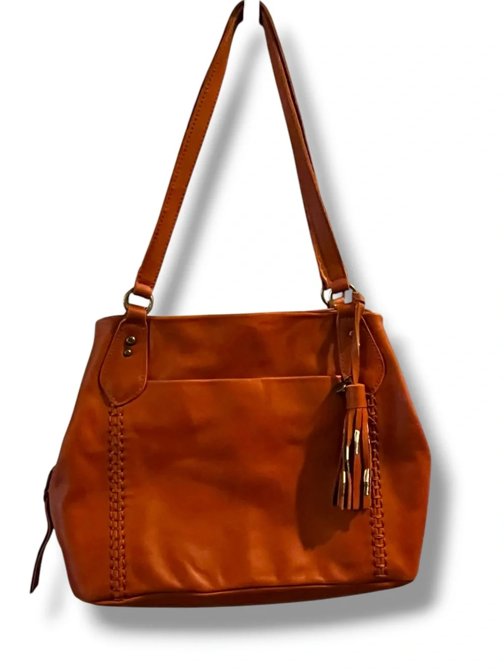 The Sak Melrose Shoulder Bag Purse Brown Leather Tassel Charm Many Pockets